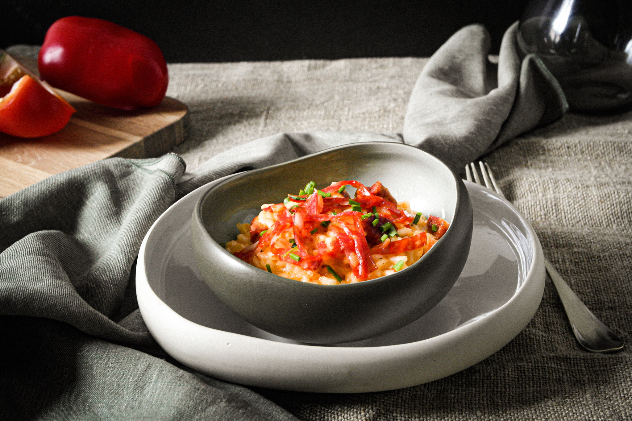 Risotto au chorizo et crème de poivron
